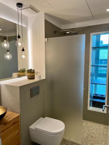 a bathroom with a white toilet and a window at Bad Seerose mit Seeblick, Dachterrasse, Pool und Sauna in Bad Saarow