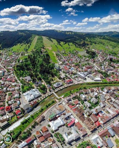 an aerial view of a city with houses at Parc Vatra Dornei 4 - Family, couples & groups in Vatra Dornei