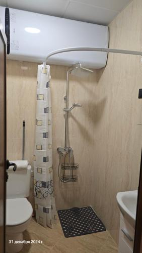 a bathroom with a shower with a toilet and a sink at Suite Roma 3 in Velingrad