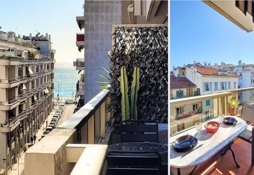 un balcon avec une table et des chaises sur un immeuble dans l'établissement Nestor&Jeeves - LA NISSARDE TERRASSE - City center, à Nice