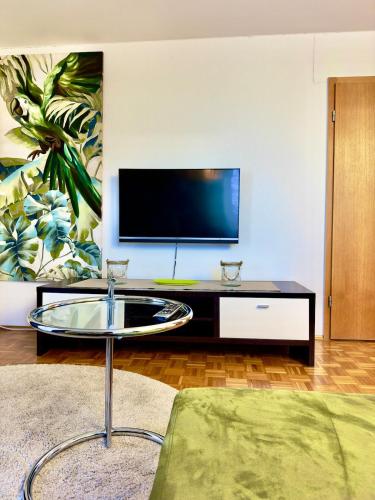 a living room with a tv and a coffee table at Boutique Appartement mit Balkon in Lauterach