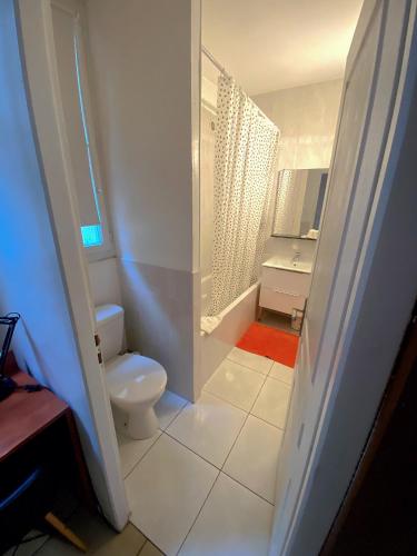 a white bathroom with a toilet and a shower at Hôtel Le Chambellan in Dijon