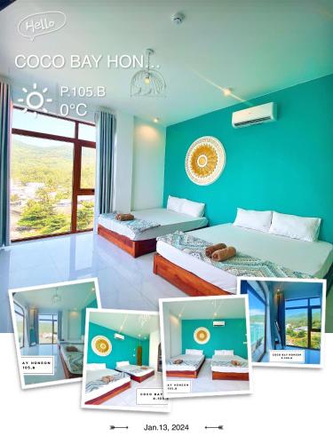 a collage of photos of a room with two beds at Coco Bay Hon Son in Lai Sơn