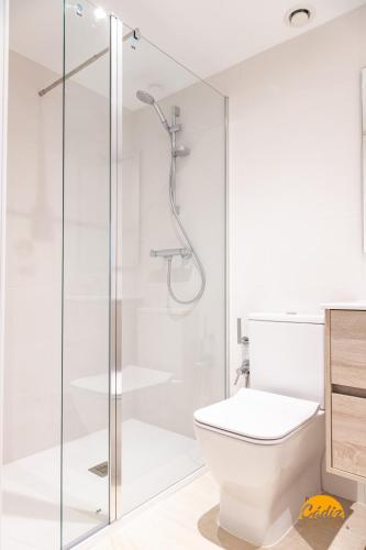 a white bathroom with a shower and a toilet at Villalobos by Cadiz Time in Cádiz