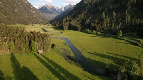 a winding river in a field with mountains in the background at Tetter in Schladming