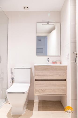 a bathroom with a toilet and a sink and a mirror at Villalobos by Cadiz Time in Cádiz