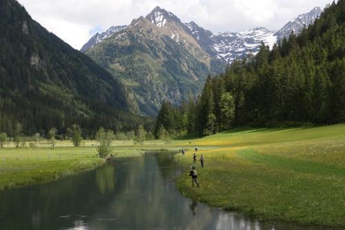 people are walking along a river in a valley with mountains at Tetter in Schladming