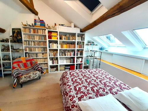 a bedroom with a bed and book shelves with books at Belle maison de ville 4 chb cour privee in Châteauroux