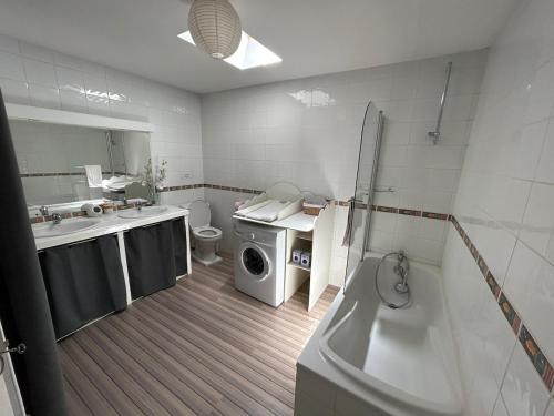 une salle de bain avec un lavabo et une machine à laver dans l'établissement L'Oustalou, à Béziers