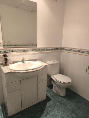 a bathroom with a sink and a toilet and a mirror at Gegant de Pedra Apartaments in Adzaneta