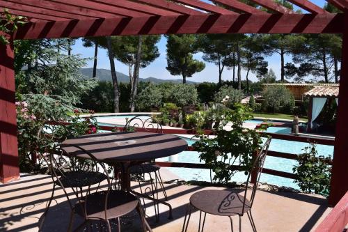un patio avec une table et des chaises à côté d'une piscine dans l'établissement Villa Lorna - 2 maisons - piscine privée, à Aups