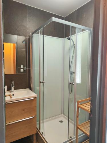 une salle de bain avec douche et lavabo dans l'établissement NEW studio confort vue pistes, à Chamrousse
