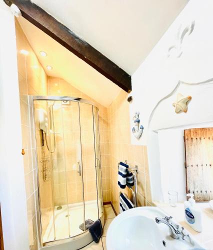 a bathroom with a shower and a sink at Annie's Cottage - 3 miles from the iconic Minack Theatre in Saint Buryan