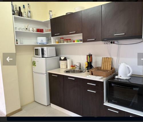 a small kitchen with a sink and a microwave at Албена хилс in Rogachevo