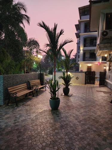 a patio with two benches and palm trees at night at Coastal Suites Apart Hotel ---- 8 minutes walk to beach in Benaulim