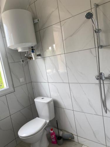a white bathroom with a toilet and a shower at F3 ,team, RER, Paris axis,professional axis, FR stadium in Arnouville-lès-Gonesse