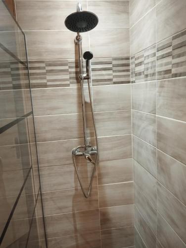 une douche dans une salle de bain avec une porte vitrée dans l'établissement studio au pied de la cathedrale notre dame, à Boulogne-sur-Mer