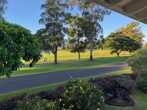 a view of a park with trees and a road at Pili Aloha in Princeville