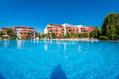 阳光海滩格兰福特诺克斯公寓的蓝色的大池水,背景建筑