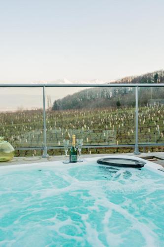 - un bain à remous avec une bouteille de champagne et des verres à vin dans l'établissement Maison 4 chambres avec jaccuzi piscine privée et sauna, à Apremont