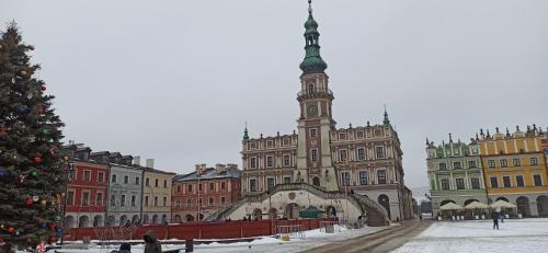 a large building with a christmas tree in front of it at Studio Żdanowska Zamość in Zamość