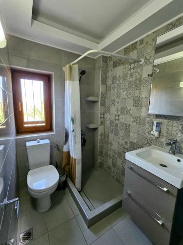 a bathroom with a toilet and a shower and a sink at Lilian Luxury Villa Halkidiki in Nea Fokea