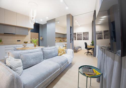 ウッチにあるPark Zen, taras i widok na parkのソファとキッチンのあるリビングルーム