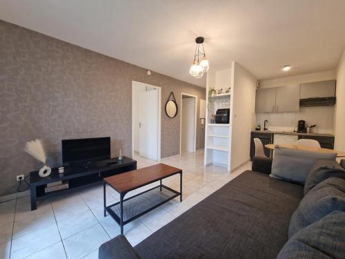 un salon avec un canapé et une table dans l'établissement Beau soleil - Résidence avec Parking et piscine - Proche airport, à Blagnac