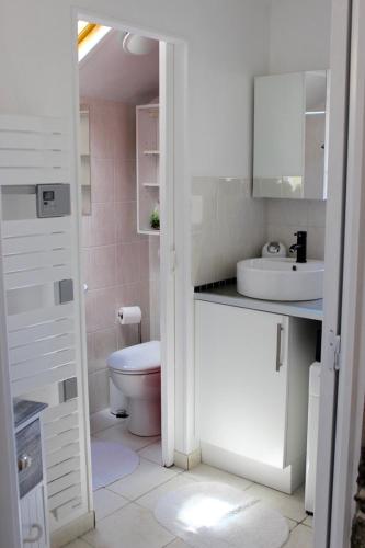 une salle de bain blanche avec des toilettes et un lavabo dans l'établissement Gite du Becquet, à Le Rozel