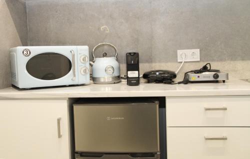 a microwave sitting on top of a kitchen counter at Pirgos Cozy Apartment for 4 by MPS in Pýrgos