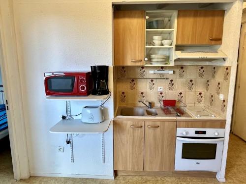 une petite cuisine avec un évier et un micro-ondes dans l'établissement Appartement 2 Pièces mezzanine 6 couchages ARGELES SUR MER AR610-125, à Argelès-sur-Mer
