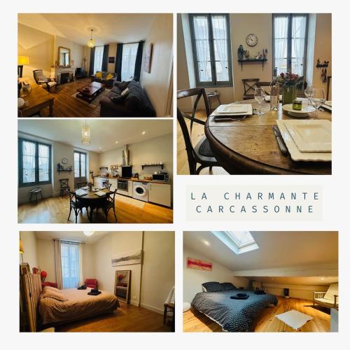 un collage de photos d'un salon et d'une cuisine dans l'établissement La charmante maison de ville toute équipée, à Carcassonne