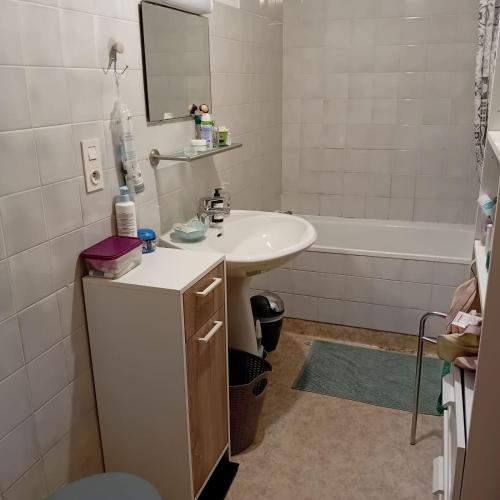 une salle de bain avec un lavabo et une baignoire dans l'établissement Clos A Malypense chez Mr Montamat, à Galan
