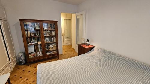 a bedroom with a bed and a book shelf at The birds nest in Tbilisi City