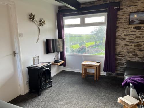 a living room with a fireplace and a window at Hop Loft-Barn Conversion, with access to Pool & Hot Tub-at Fox Valley Cottages in Looe