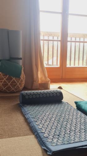 a rug sitting on the floor in a living room at Helles Landhaus auf Waldlichtung in Dießen am Ammersee