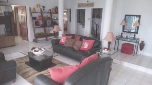a living room with a black couch and pink pillows at Tranquila Oasis in Runaway Bay