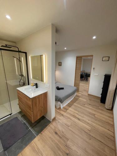 La salle de bains est pourvue d'un lavabo et d'un lit dans la chambre. dans l'établissement Appartement Charmant T2, à Banyuls-sur-Mer