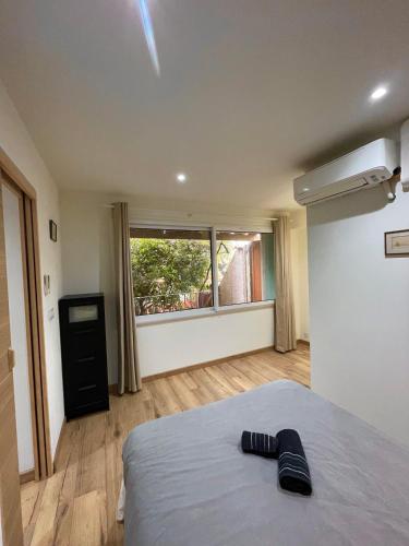 une chambre avec un lit et une grande fenêtre dans l'établissement Appartement Charmant T2, à Banyuls-sur-Mer