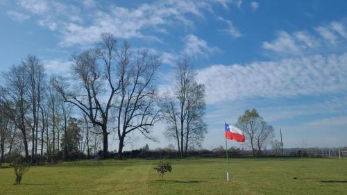 a red and blue flag in a field with trees at Cabaña San Isidro in Coipue