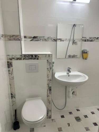 a bathroom with a white toilet and a sink at Sonne Hotel in Herne