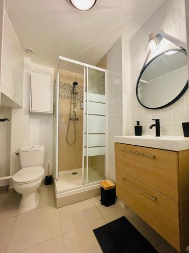une salle de bain avec une douche, des toilettes et un lavabo dans l'établissement Cosy apartment City Center, à Montlhéry