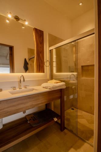 a bathroom with a sink and a shower at Pueblo parvada 24 in Ejido Parras