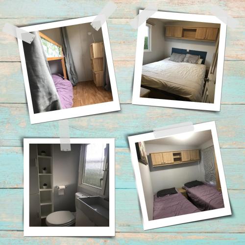 4 photos d'une chambre avec un lit et un miroir dans l'établissement Mobilhome de Lucie et Julien, aux Mathes