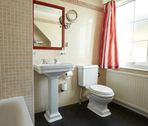 ein Badezimmer mit einem WC, einem Waschbecken und einem Spiegel in der Unterkunft Anchor Inn by Greene King Inns in Beer