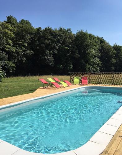 - une piscine avec 4 chaises dans l'établissement Le Plessis, Stone Farmhouse Loft with Gardens and Pool, à Neuillé-le-Lierre