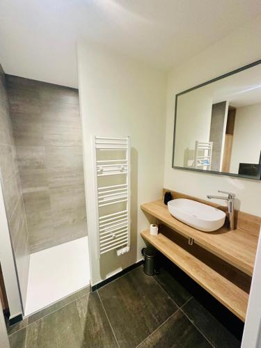 une salle de bain avec un lavabo et un miroir dans l'établissement DOMAINE LA TOUPIE Chambres d'hôtes, à Maury
