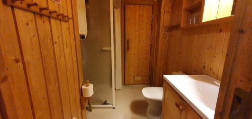 a bathroom with a white toilet and a sink at Sauna | Wi-Fi | Terrace | Wood stove | Cable TV in Lofsdalen
