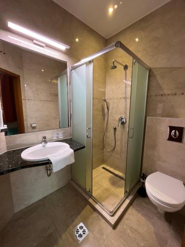 a bathroom with a shower and a sink and a toilet at Wagner Vendégudvar Panzió in Szombathely