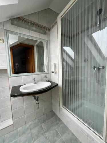 a bathroom with a sink and a shower at Wagner Vendégudvar Panzió in Szombathely